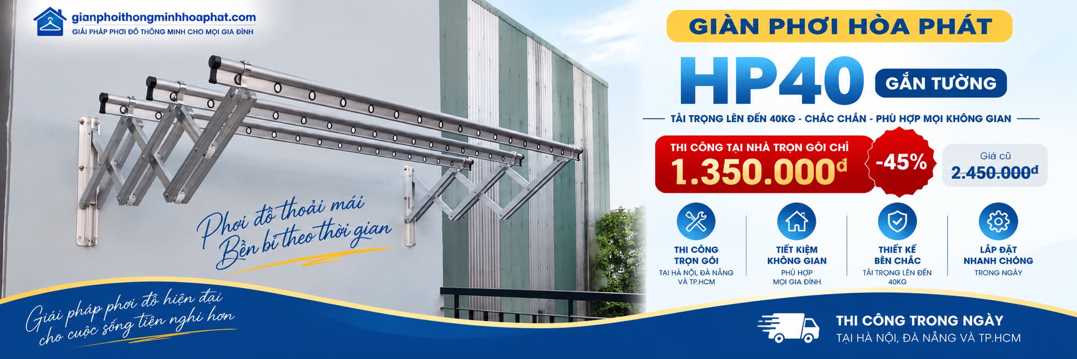 Giàn phơi Hòa Phát HP40 gắn tường tải trọng 40kg